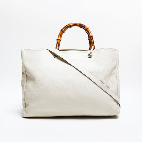 GUCCI Leather Bamboo 2way Shopping Tote Bag white WS21664