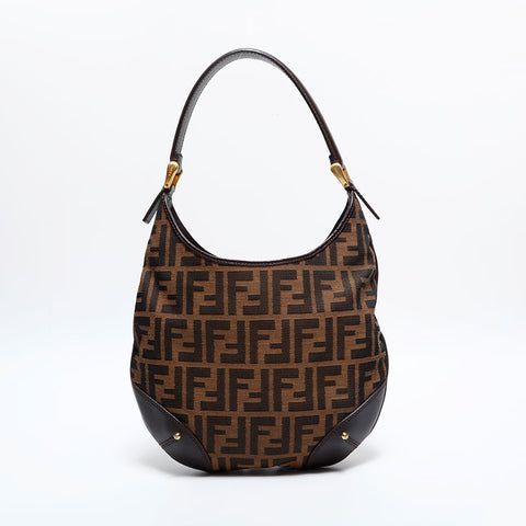 FENDI Zucca Canvas Hobo Shoulder Bag Brown WS21669