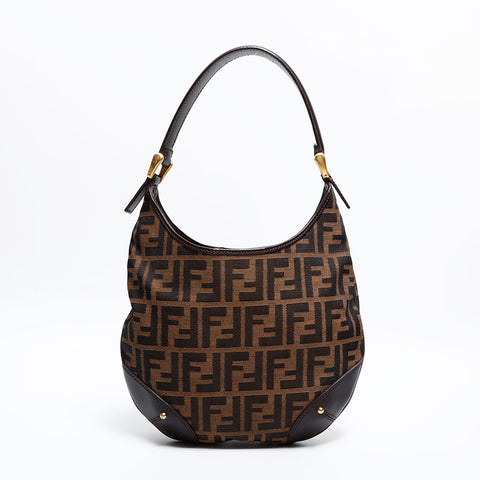 FENDI Zucca Canvas Hobo Shoulder Bag Brown WS21669
