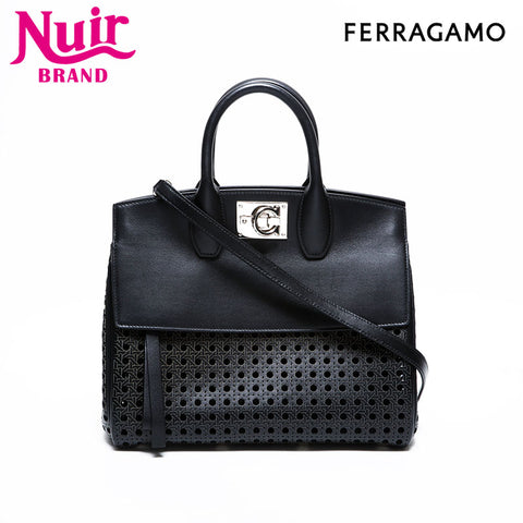 Salvatore Ferragamo Studio Leather 2way Wicker Handbag black WS21670