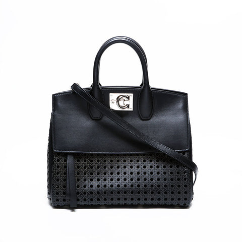 Salvatore Ferragamo Studio Leather 2way Wicker Handbag black WS21670