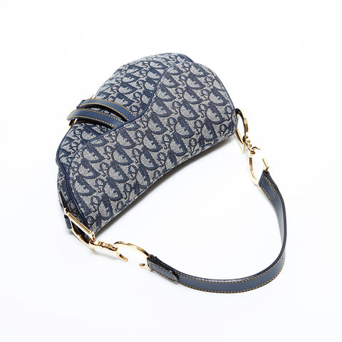 Christian Dior Trotter Oblique Canvas Saddlebag Shoulder Bag Navy WS21689