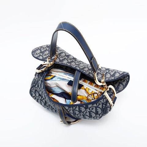 Christian Dior Trotter Oblique Canvas Saddlebag Shoulder Bag Navy WS21689