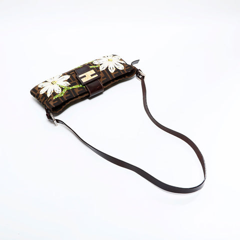 FENDI Zucca Embroidered Mamma Flower Shoulder Bag Brown WS21695
