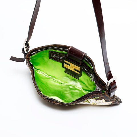 FENDI Zucca Embroidered Mamma Flower Shoulder Bag Brown WS21695