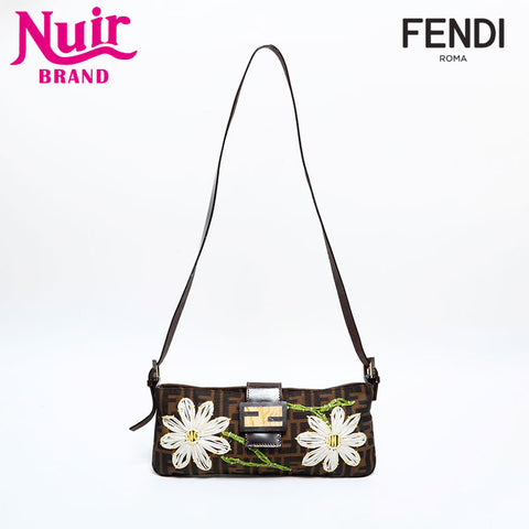 FENDI Zucca Embroidered Mamma Flower Shoulder Bag Brown WS21695