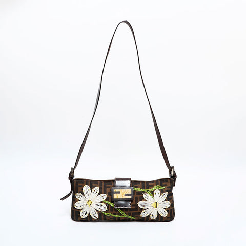FENDI Zucca Embroidered Mamma Flower Shoulder Bag Brown WS21695