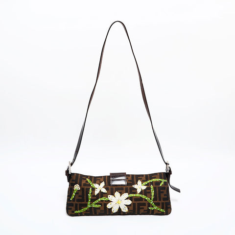 FENDI Zucca Embroidered Mamma Flower Shoulder Bag Brown WS21695