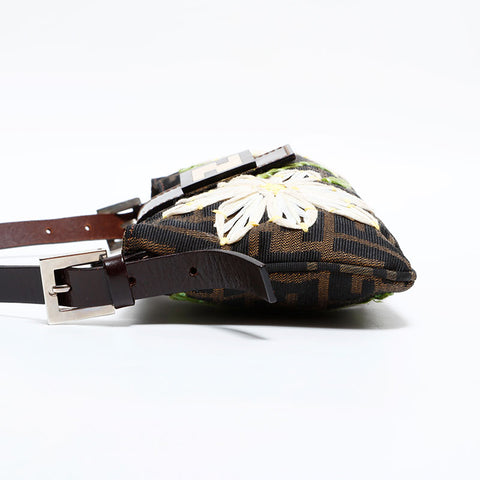 FENDI Zucca Embroidered Mamma Flower Shoulder Bag Brown WS21695