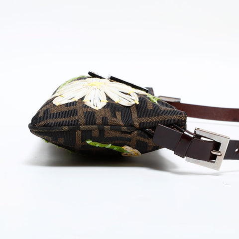 FENDI Zucca Embroidered Mamma Flower Shoulder Bag Brown WS21695