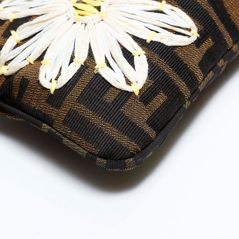 FENDI Zucca Embroidered Mamma Flower Shoulder Bag Brown WS21695