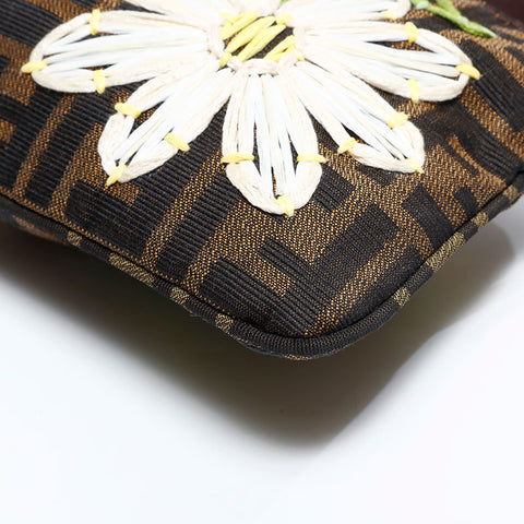 FENDI Zucca Embroidered Mamma Flower Shoulder Bag Brown WS21695