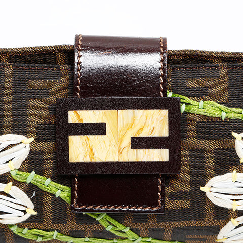 FENDI Zucca Embroidered Mamma Flower Shoulder Bag Brown WS21695