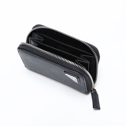 PRADA Compact wallet with round zip and triangle logo in Saffiano leather Coin case black WS21731