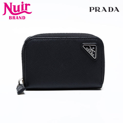 PRADA Compact wallet with round zip and triangle logo in Saffiano leather Coin case black WS21731