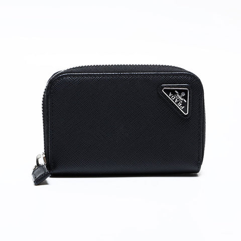 PRADA Compact wallet with round zip and triangle logo in Saffiano leather Coin case black WS21731