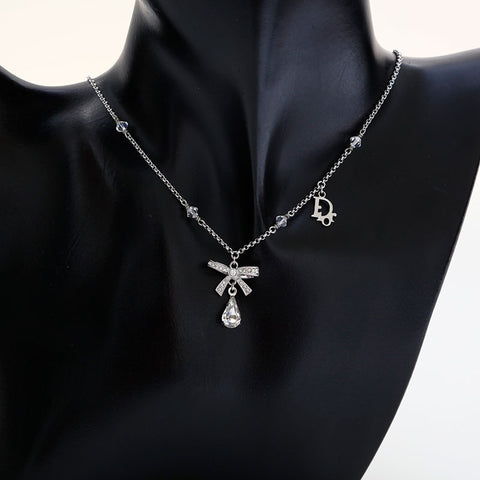 Christian Dior Ribbon rhinestone Necklace Silver WS21766