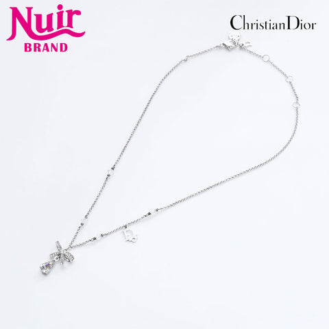 Christian Dior Ribbon rhinestone Necklace Silver WS21766