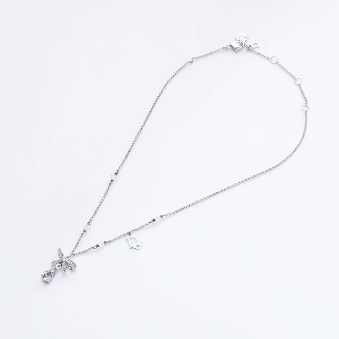 Christian Dior Ribbon rhinestone Necklace Silver WS21766