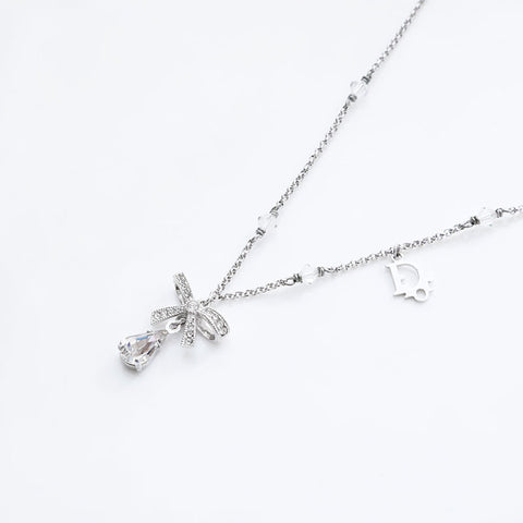 Christian Dior Ribbon rhinestone Necklace Silver WS21766