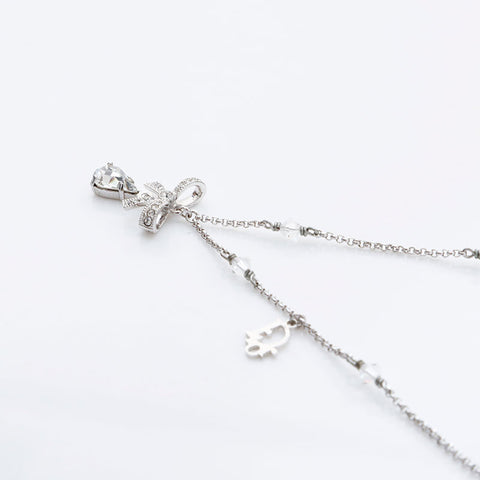 Christian Dior Ribbon rhinestone Necklace Silver WS21766