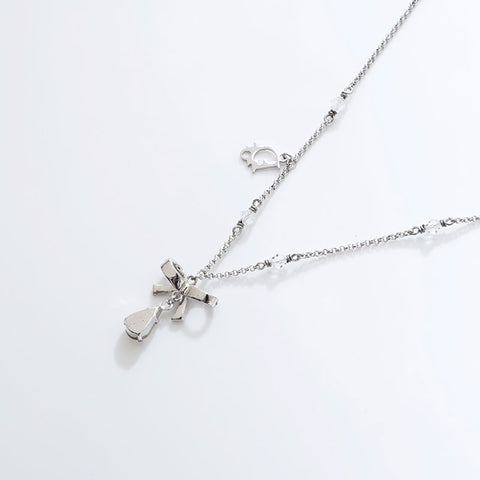 Christian Dior Ribbon rhinestone Necklace Silver WS21766