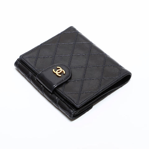 極美品 シャネル CHANEL 5番台 1997-1999 ビコローレ ラムスキン 三つ折り財布  ブラック WS21780