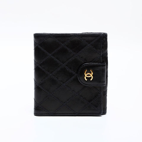 極美品 シャネル CHANEL 5番台 1997-1999 ビコローレ ラムスキン 三つ折り財布  ブラック WS21780
