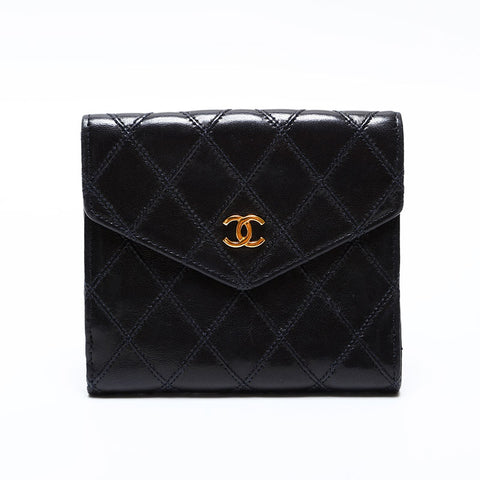 極美品 シャネル CHANEL 5番台 1997-1999 ビコローレ ラムスキン 三つ折り財布  ブラック WS21780