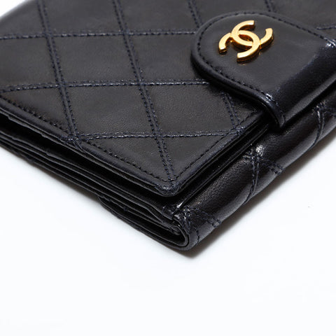 極美品 シャネル CHANEL 5番台 1997-1999 ビコローレ ラムスキン 三つ折り財布  ブラック WS21780