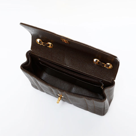 CHANEL No. 3 1994-1996 Mademoiselle Caviar Skin Shoulder Bag Brown WS21792
