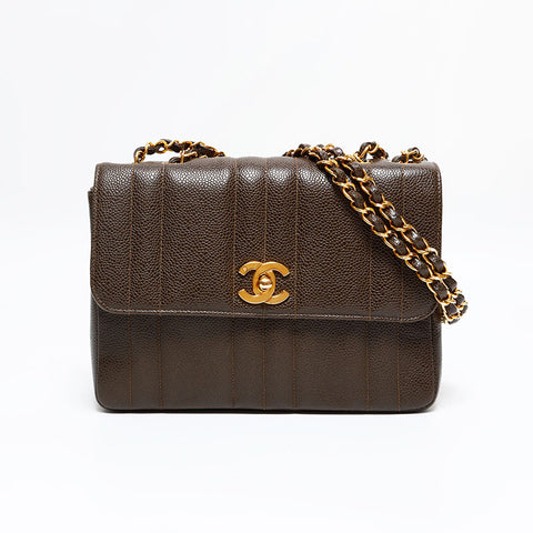 CHANEL No. 3 1994-1996 Mademoiselle Caviar Skin Shoulder Bag Brown WS21792
