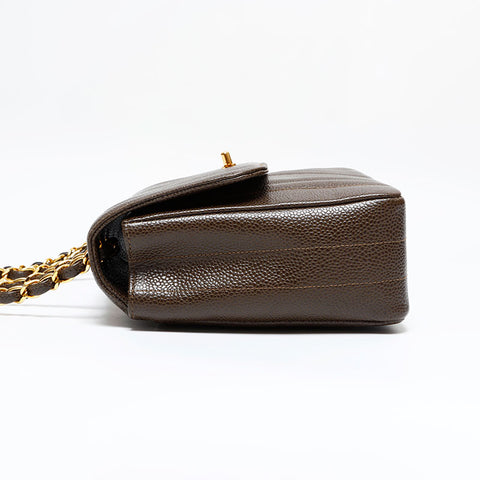 CHANEL No. 3 1994-1996 Mademoiselle Caviar Skin Shoulder Bag Brown WS21792