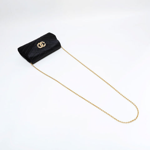 CHANEL 0 series 1986-1988 Rhinestone CC Satin Bias Stitch Shoulder Bag black WS21796