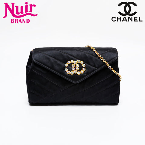 CHANEL 0 series 1986-1988 Rhinestone CC Satin Bias Stitch Shoulder Bag black WS21796
