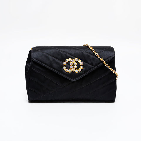 CHANEL 0 series 1986-1988 Rhinestone CC Satin Bias Stitch Shoulder Bag black WS21796