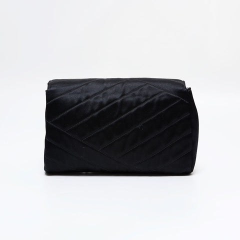 CHANEL 0 series 1986-1988 Rhinestone CC Satin Bias Stitch Shoulder Bag black WS21796