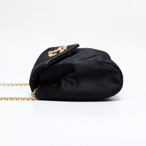 CHANEL 0 series 1986-1988 Rhinestone CC Satin Bias Stitch Shoulder Bag black WS21796