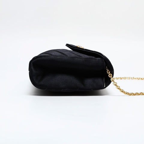 CHANEL 0 series 1986-1988 Rhinestone CC Satin Bias Stitch Shoulder Bag black WS21796