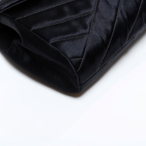 CHANEL 0 series 1986-1988 Rhinestone CC Satin Bias Stitch Shoulder Bag black WS21796