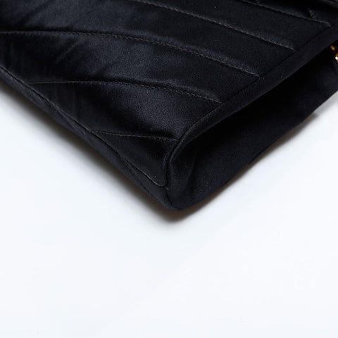 CHANEL 0 series 1986-1988 Rhinestone CC Satin Bias Stitch Shoulder Bag black WS21796