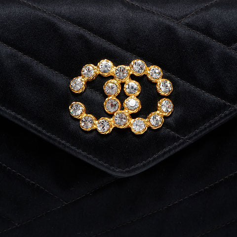 CHANEL 0 series 1986-1988 Rhinestone CC Satin Bias Stitch Shoulder Bag black WS21796