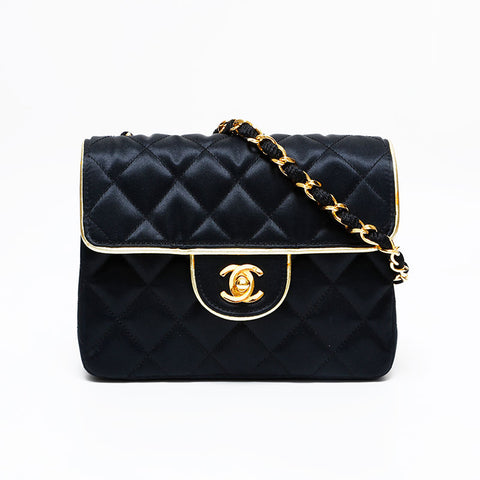 CHANEL No. 1 1989-1991 Mini Matelasse Satin Single Flap Shoulder Bag black WS21797