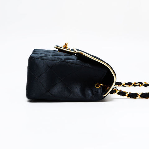 CHANEL No. 1 1989-1991 Mini Matelasse Satin Single Flap Shoulder Bag black WS21797