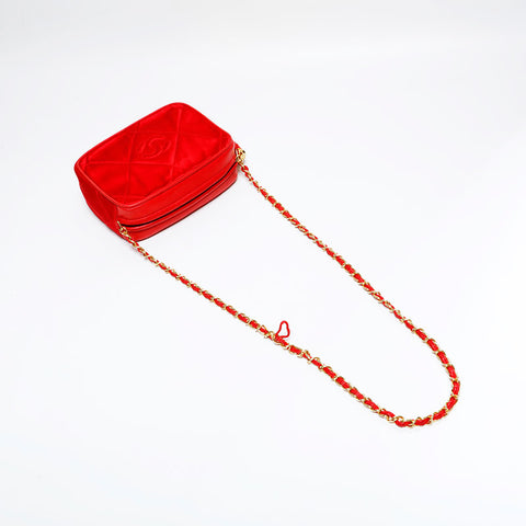 CHANEL 0 series 1986-1988 CC Satin Shoulder Bag Red WS21802