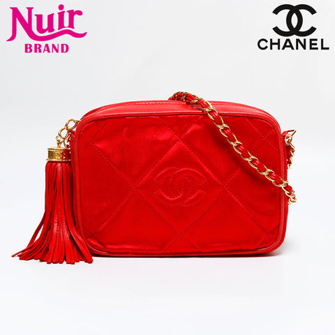 CHANEL 0 series 1986-1988 CC Satin Shoulder Bag Red WS21802