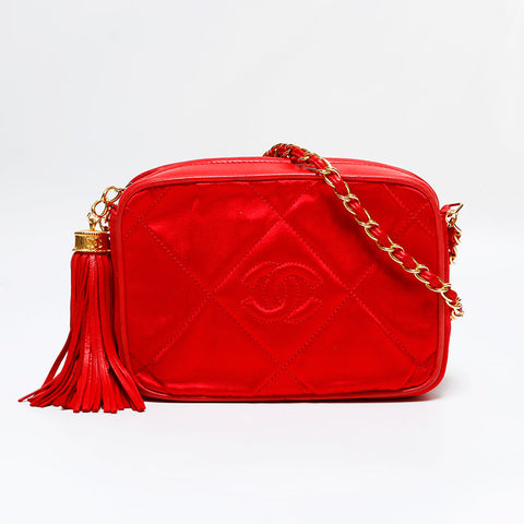 CHANEL 0 series 1986-1988 CC Satin Shoulder Bag Red WS21802