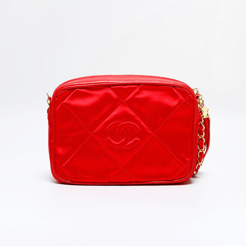 CHANEL 0 series 1986-1988 CC Satin Shoulder Bag Red WS21802