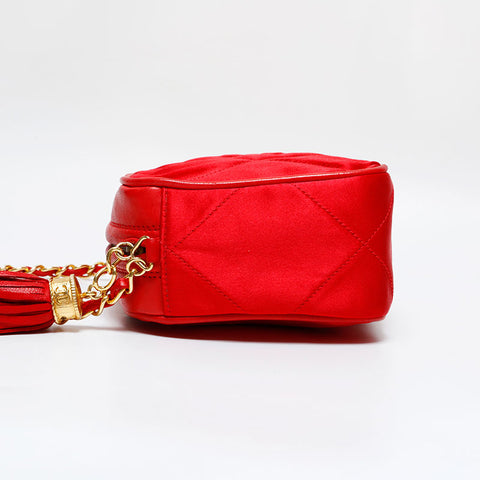 CHANEL 0 series 1986-1988 CC Satin Shoulder Bag Red WS21802