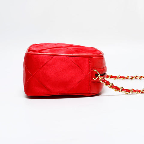 CHANEL 0 series 1986-1988 CC Satin Shoulder Bag Red WS21802